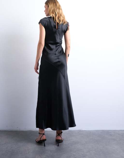 Topshop – Maxikleid aus Satin in Schwarz mit Spitzenbesatz und drapiertem Ausschnitt, 4 von 4