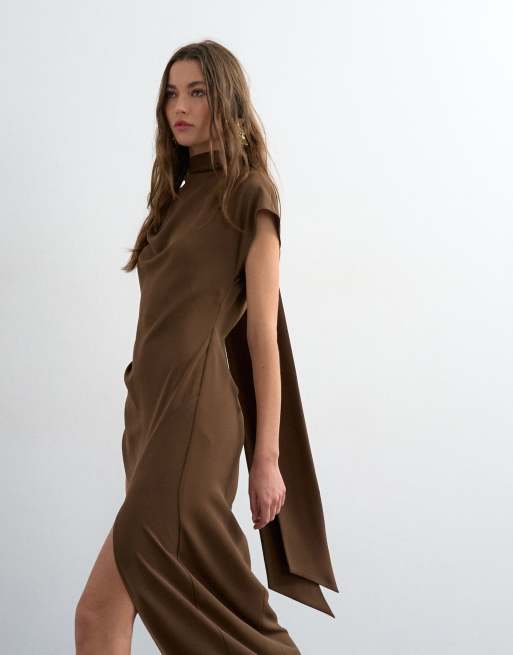 Topshop – Maxikleid aus schwerem Kreppstoff in Schokobraun mit Schaldetail, 2 von 4