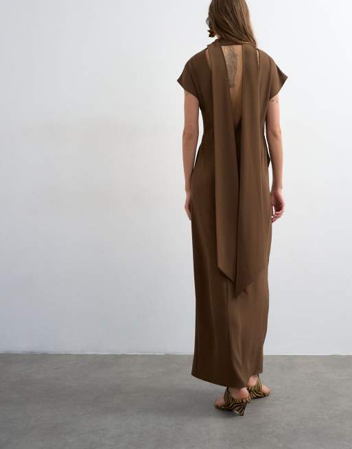 Topshop – Maxikleid aus schwerem Kreppstoff in Schokobraun mit Schaldetail, 4 von 4