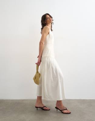 Maxikleid aus schwerem Twill in Naturfarbe mit tiefer Taille und weitem Rock-Weiß Weiß 46
