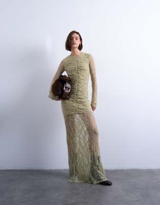 Topshop - Maxikleid aus Spitze in Grün mit geraffter Vorderseite und tief angesetzter Taille