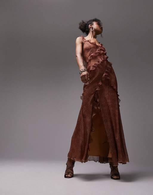 Topshop – Maxikleid für besondere Anlässe mit Animal-Print, gerüschten Ärmeln und ungesäumten Kanten