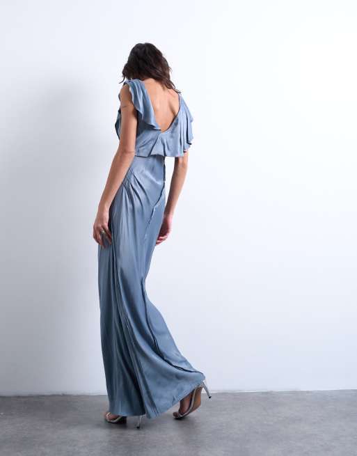 Topshop – Maxikleid in Airforce-Blau mit Rüschen und offener Kante, 4 von 4
