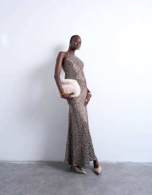 Topshop - Maxikleid in Braun mit Ringerrücken, tiefer Taille und Polka-Dot-Design-Brown
