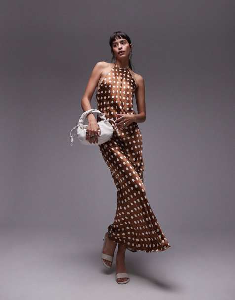 Topshop – Maxikleid in gepunktetem Braun mit Neckholder-Träger - view 1