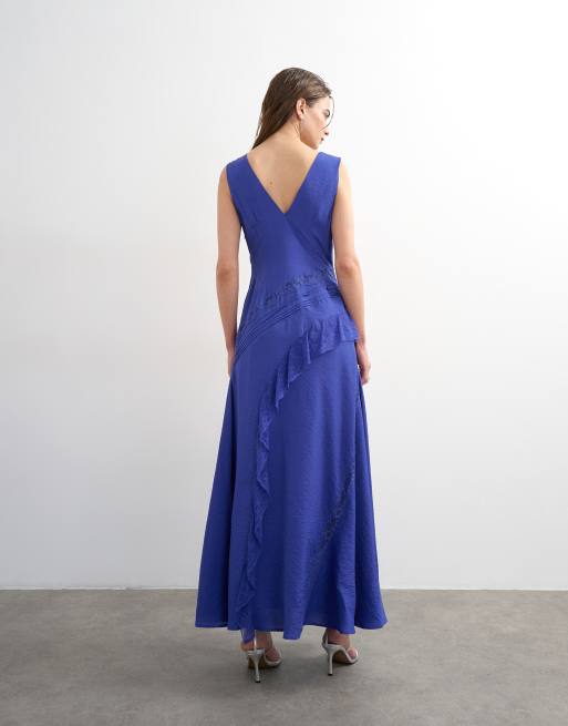 Topshop – Maxikleid in Kobaltblau mit tiefem V-Ausschnitt und Spitzeneinsatz, 3 von 4