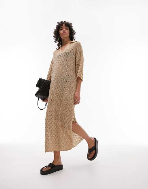 Topshop – Maxikleid in Neutral mit Polokragen und weitmaschigem Strickmuster
