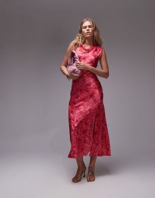 Topshop - Maxikleid in Rosa mit drapiertem Ausschnitt und Blumenmuster