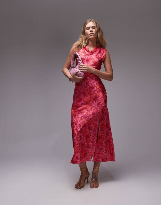 Topshop – Maxikleid in Rosa mit drapiertem Ausschnitt und Blumenmuster