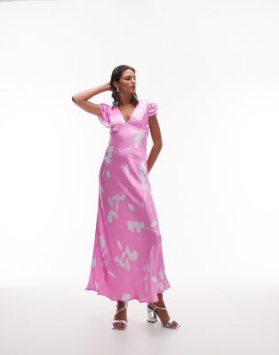 Topshop - Maxikleid in Rosa mit Flügelärmeln, V-Ausschnitt und Blumenmuster