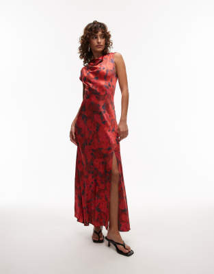 Topshop - Maxikleid in Rost mit drapiertem Ausschnitt und Rosendruck-Rot