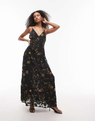 Topshop - Maxikleid in Schwarz mit Neckholder und floralem Ausbrennermuster