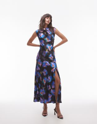 Topshop - Maxikleid mit drapiertem Ausschnitt und großem lila Blumenmuster