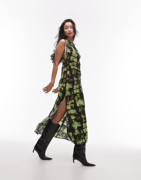 Topshop – Maxikleid mit geschlitzten Ärmeln, geraffter Seite und grünem Karomuster - view 1
