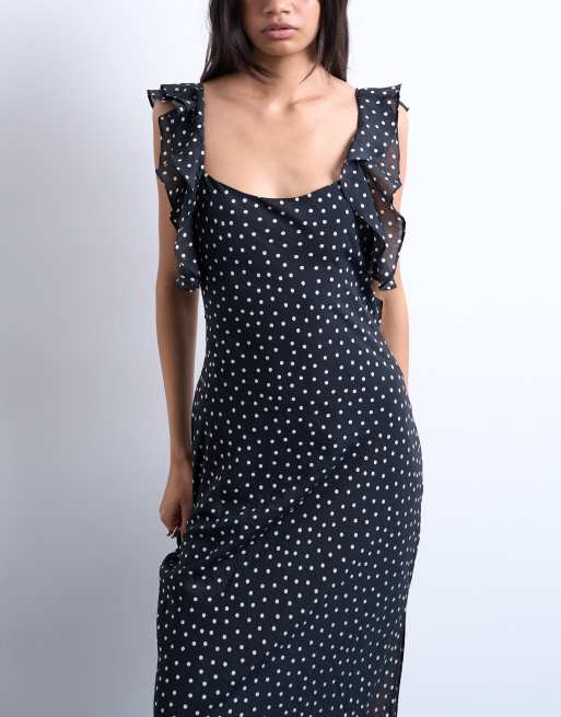 Topshop Maxikleid mit Rüschen an den Schultern und Unterkleid in Schwarz mit Punktmuster, 2 von 4
