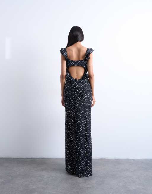 Topshop Maxikleid mit Rüschen an den Schultern und Unterkleid in Schwarz mit Punktmuster, 3 von 4