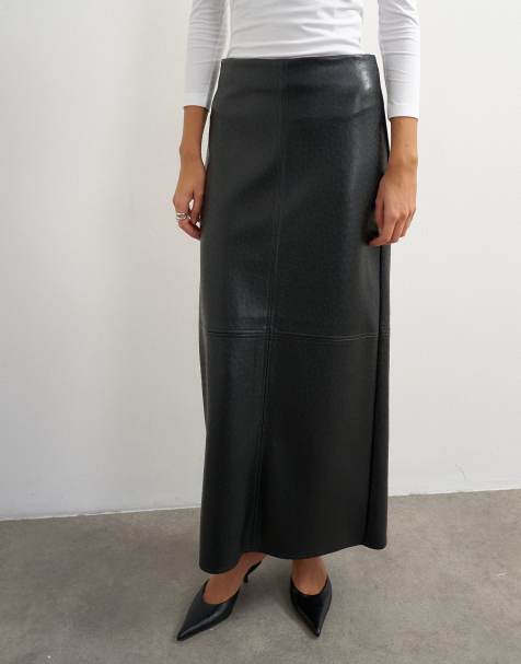 Topshop maxinederdel i imiteret strudselæder med topstitch i sort - view 1