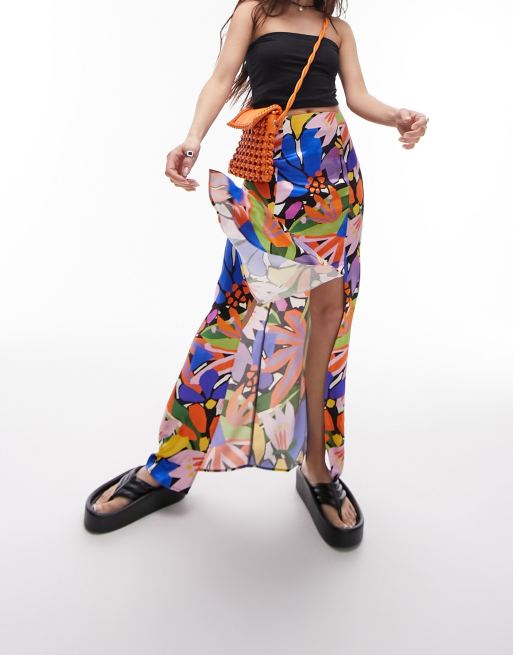 Topshop - Maxinederdel med dobbelt-slids og multifarvet print, 2 af 4