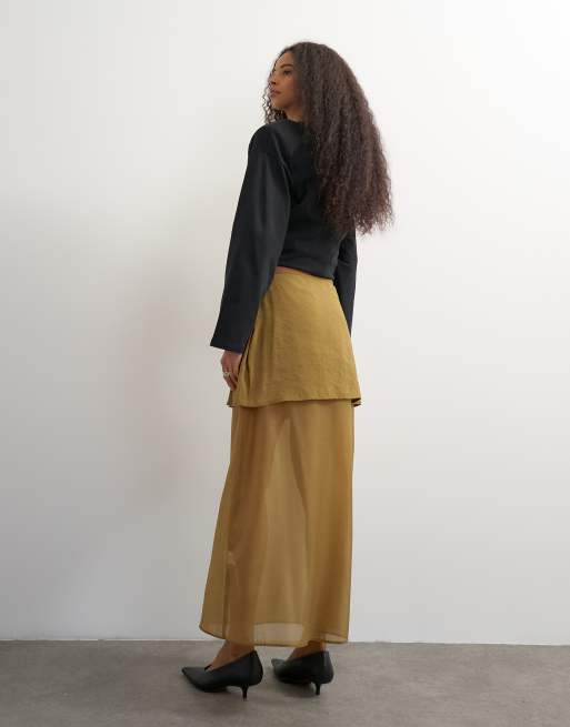 Topshop Maxirock aus Kontrast-Organza mit Bindedetail in Oliv, 4 von 5