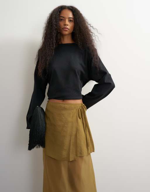 Topshop Maxirock aus Kontrast-Organza mit Bindedetail in Oliv, 5 von 5