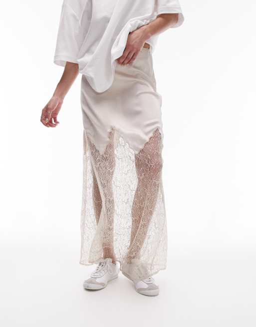 Topshop – Maxirock aus Satin-Spitze-Mix in Austernweiß