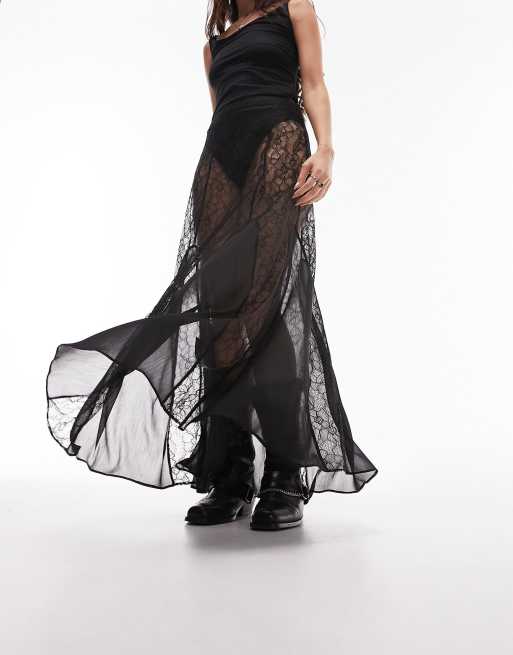 Topshop – Maxirock aus transparenter Spitze in Schwarz mit Godetdetails aus Chiffon