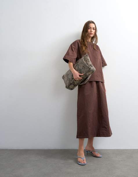 Topshop – Maxirock aus Webstoff in Schokobraun mit elastischem Bund - view 1