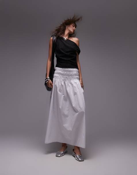 Topshop – Maxirock in Elfenbein mit geraffter Taille und schwarzer Ziernaht - view 1
