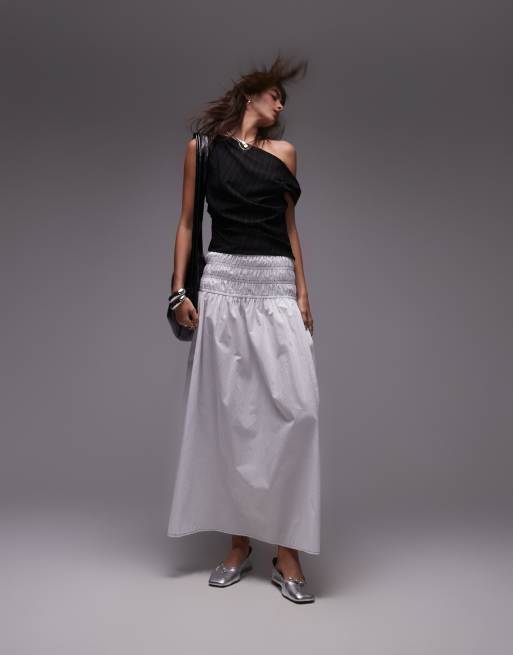 Topshop – Maxirock in Elfenbein mit geraffter Taille und schwarzer Ziernaht
