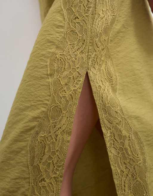 Topshop – Maxirock in Olivgrün mit Spitzenbesatz, 4 von 5