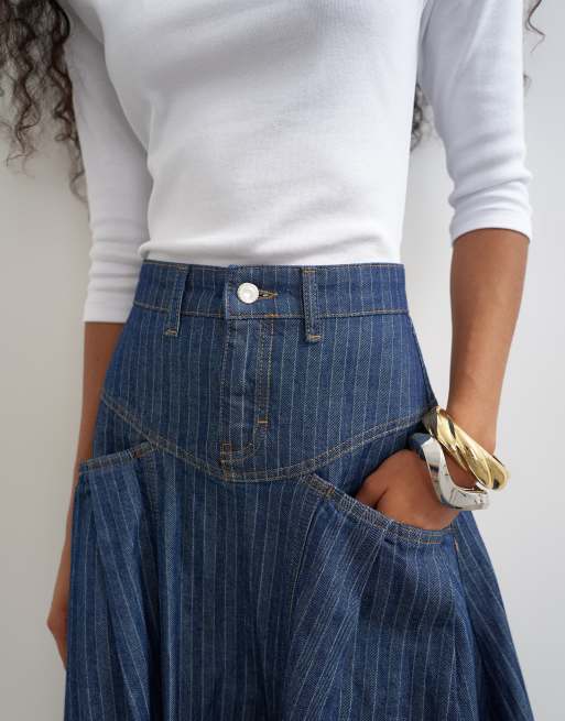 Topshop Maxirock mit Passe und Falten in Indigo-Streifen, 3 von 5