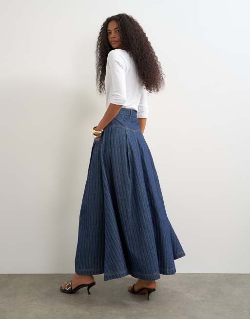 Topshop Maxirock mit Passe und Falten in Indigo-Streifen, 4 von 5