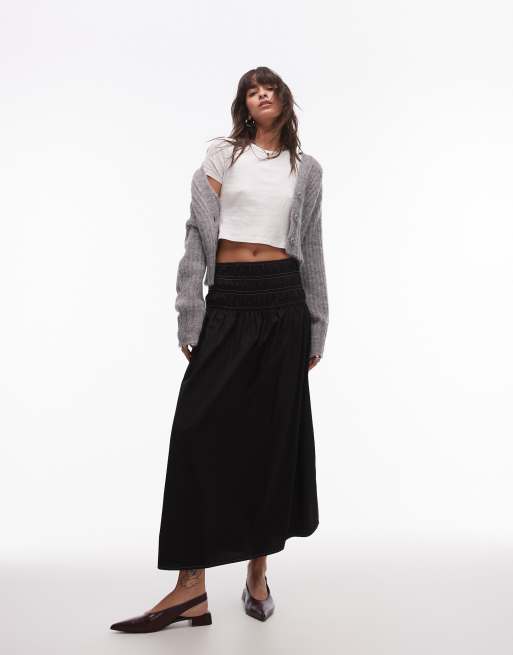 Topshop - Maxirok met gesmokte taille in zwart met witte stiksels