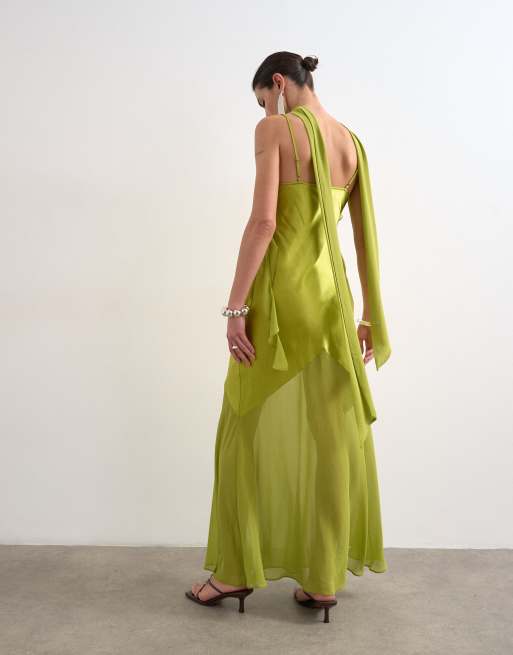 Topshop maxislipklänning med volangdetalj i blandade material, grön, 4 av 4