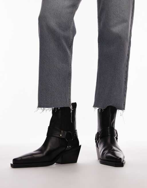 Topshop Maxy leather western boots with harness in black ASOS