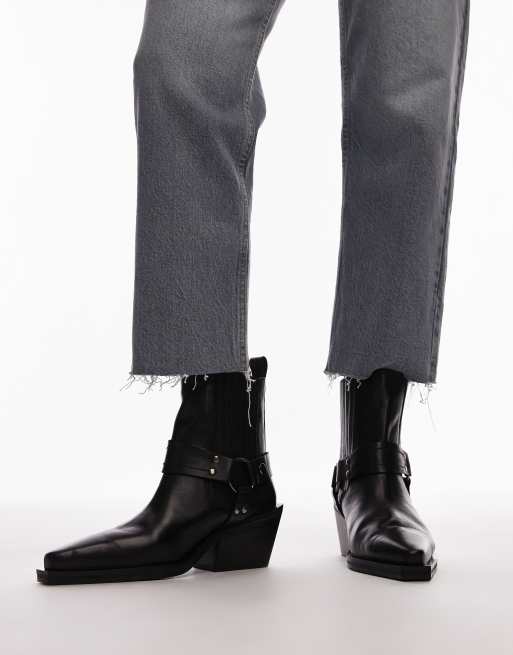 Topshop - Maxy - Stivali stile western neri in pelle con dettagli stile imbracatura