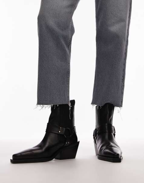 Topshop – Maxy – Svart cowboyboots i läder med spännen - view 1