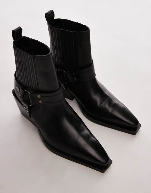 Topshop – Maxy – Svart cowboyboots i läder med spännen, 3 av 4