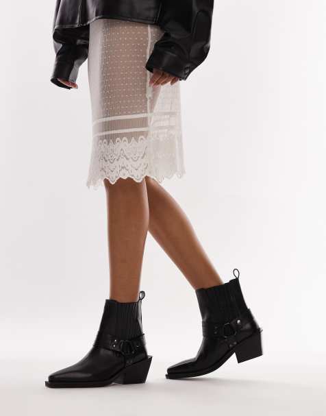 Topshop – Maxy – Svarta cowboyboots i läder med spännen och bred passform - view 1