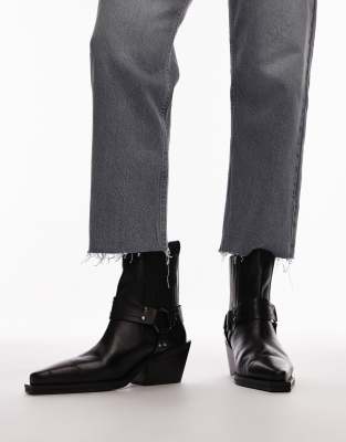 Topshop - Maxy - Westernstiefel aus schwarzem Leder mit Metalldetail