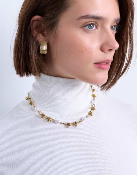 Topshop – May – Guldfärgat halsband i rostfritt stål med kedja och pärlor - view 1