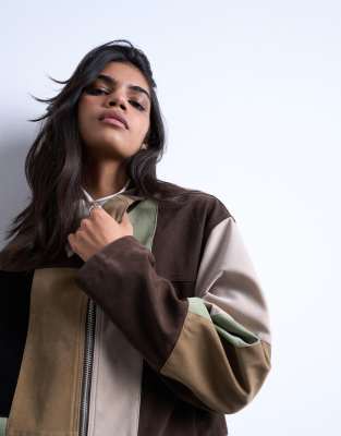 Topshop - Mehrfarbige, kastige Patchworkjacke aus Wildlederimitat mit durchgehendem Reißverschluss-Lila