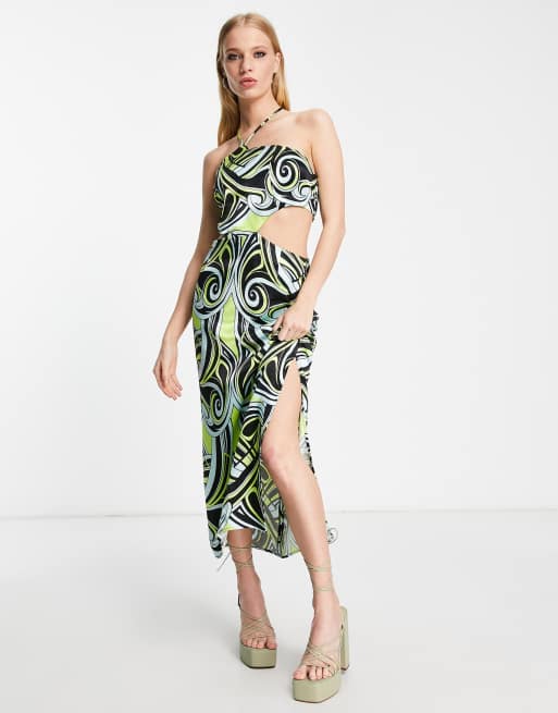 Topshop – Mehrfarbiges Midikleid mit Neckholder und Wirbelmuster 