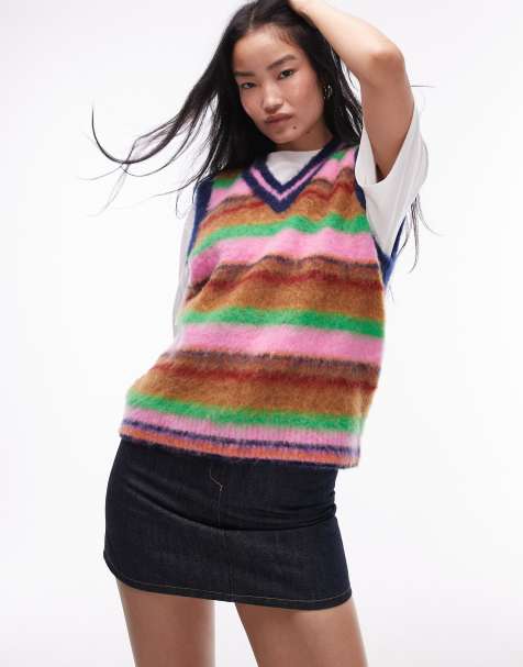 Topshop – Mehrfarbiges, sehr flauschiges Strick-Tanktop mit V-Ausschnitt - view 1