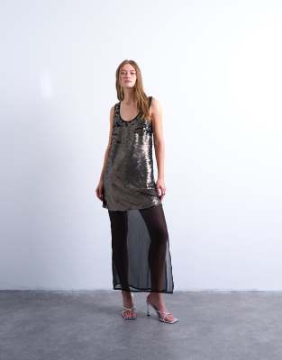 Topshop - Mehrlagiges Midikleid in Zinn mit transparenten Pailletten-Silber