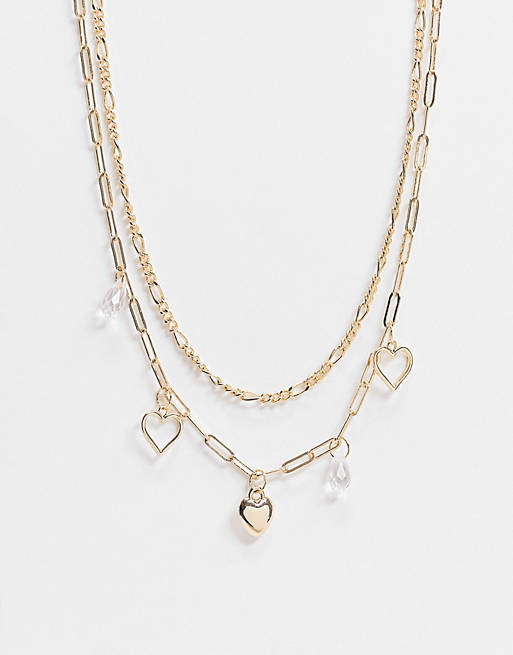 Topshop – Mehrreihige, goldfarbene Halskette mit Schlangenkette und Herzanhängern