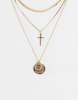 Topshop – Mehrreihige Halskette mit Kreuz- und Münzanhänger in Gold-Goldfarben