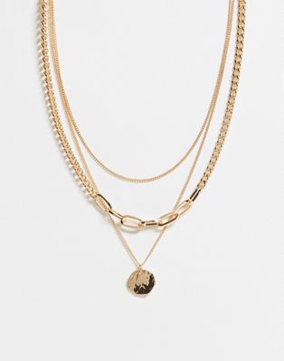 Topshop – Mehrreihige Halskette mit rundem Anhänger in Goldfarben