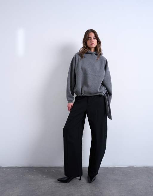 Topshop - Meleret koksgrå hættetrøje med sømdetaljer og bindebånd ved kanten, 3 af 4
