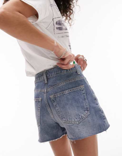 Topshop – Mellanblå, a-linjeformade jeansshorts i mom-modell, 3 av 4
